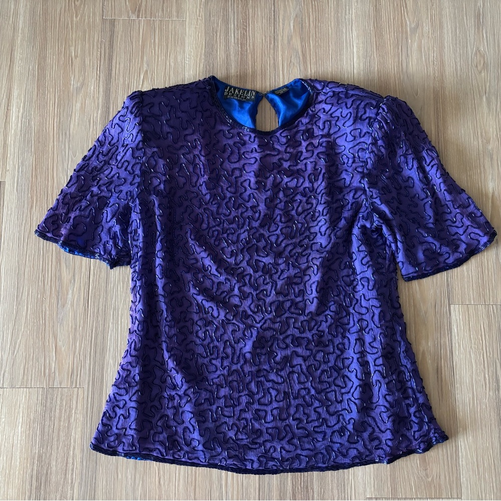 VTG Jakelin Blouse Silk Sequin Beaded Purple Lined Women 1X Elegant 80s Party